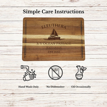 Eleuthera Bahamas cutting board care instructions showing how to clean oil and maintain acacia wood for long lasting use