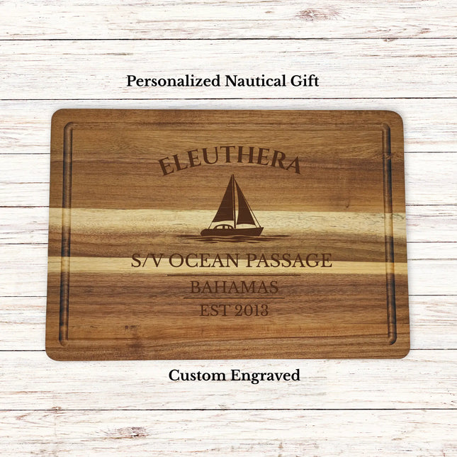 Eleuthera Bahamas sailboat cutting board personalized with Ocean Passage boat name nautical gift