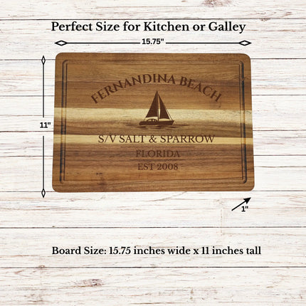 Fernandina Beach Florida sailboat cutting board dimensions and features including size thickness juice groove and edge detail