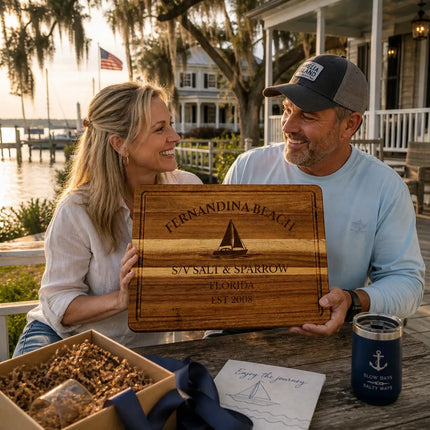 Fernandina Beach Florida personalized cutting board being given as a gift on a coastal porch with marsh views and southern coastal setting
