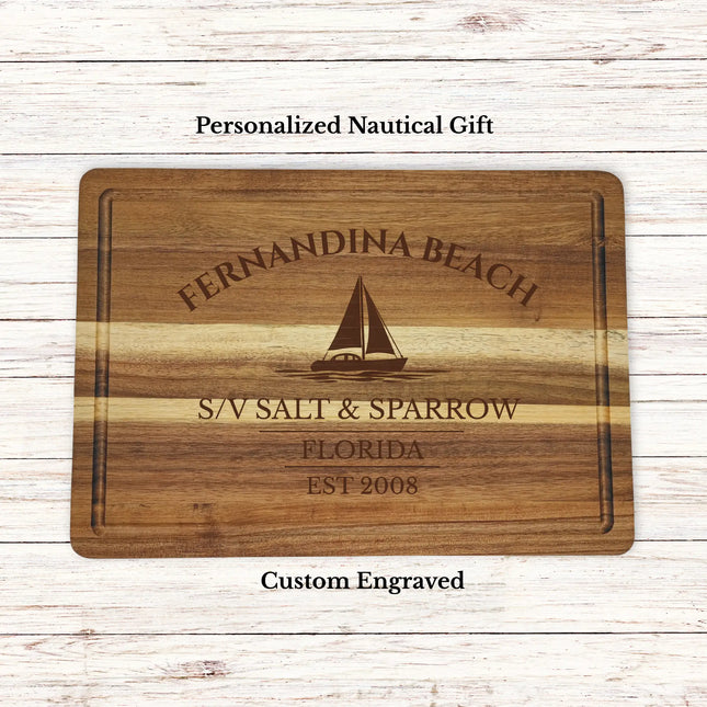 Fernandina Beach Florida sailboat cutting board personalized with Salt and Sparrow boat name nautical gift