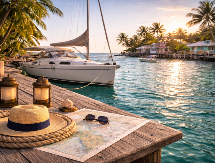 Florida sailboat harbor scene with calm turquoise water, dockside nautical chart, coiled rope, and anchored sailboat at sunset, representing Florida and Gulf cruising grounds