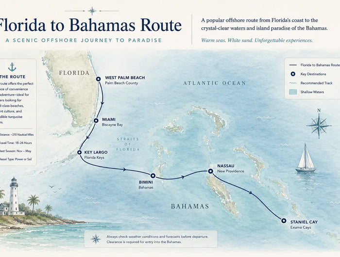 Stylized editorial map of the Florida to Bahamas sailing route showing an offshore cruising journey from West Palm Beach through Miami, Key Largo, Bimini, Nassau, and Staniel Cay with elegant nautical route lines, turquoise Bahamian waters, and minimalist coastal atlas design.