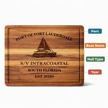 Annotated personalized Fort Lauderdale sailboat cutting board showing customization areas for port name, boat name, hull type, and established year engraved into a 1-inch thick acacia wood board