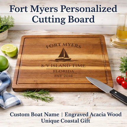 fort myers florida sailboat cutting board displayed in coastal kitchen setting gulf coast nautical decor