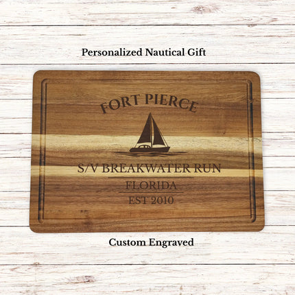 Fort Pierce Florida sailboat cutting board personalized with Breakwater Run boat name nautical gift