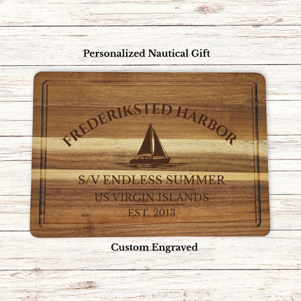 Frederiksted Harbor US Virgin Islands sailboat cutting board personalized with Endless Summer boat name nautical gift