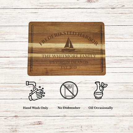 Frederiksted Harbor US Virgin Islands cutting board care instructions showing how to clean oil and maintain acacia wood for long lasting use