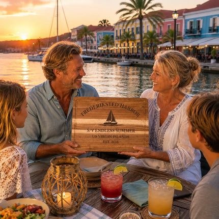 Frederiksted Harbor US Virgin Islands personalized cutting board being shared during a relaxed Caribbean sunset gathering beside colorful waterfront harbor scenery and sailboats