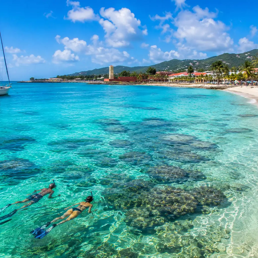 A tropical beach scene with clear turquoise water, swimmers near the shore, a sailboat on the left, palm trees, and a sandy coastline under a bright blue sky with clouds.