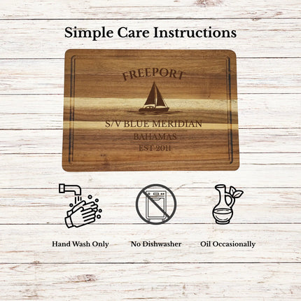 Freeport Bahamas cutting board care instructions showing how to clean oil and maintain acacia wood for long lasting use