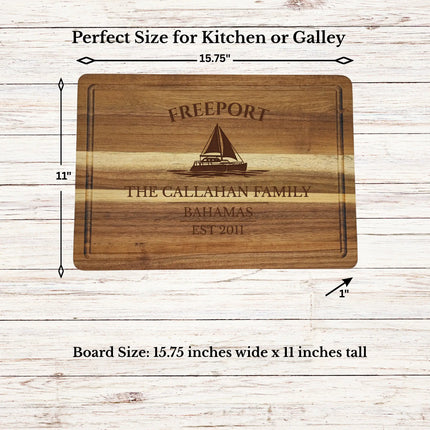 Freeport Bahamas sailboat cutting board dimensions and features including size thickness juice groove and edge detail