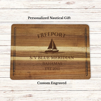 Freeport Bahamas sailboat cutting board personalized with Blue Meridian boat name nautical gift