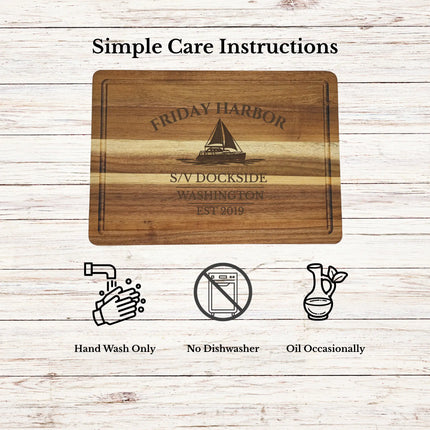 Friday Harbor Washington cutting board care instructions showing how to clean oil and maintain acacia wood