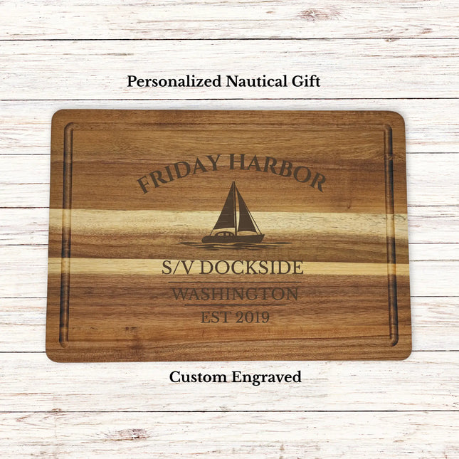 Friday Harbor Washington sailboat cutting board personalized with Dockside boat name nautical gift