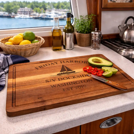 Friday Harbor Washington sailboat cutting board used in a boat galley at the marina with fresh ingredients and harbor view