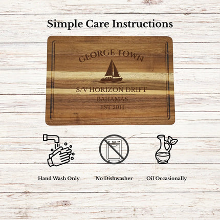 George Town Bahamas cutting board care instructions showing how to clean oil and maintain acacia wood for long lasting use