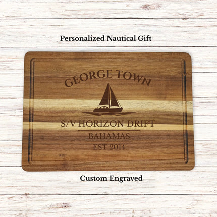 George Town Bahamas sailboat cutting board personalized with Horizon Drift boat name nautical gift