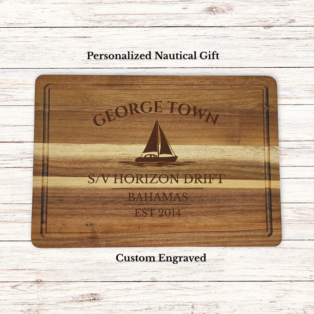 George Town Bahamas sailboat cutting board personalized with Horizon Drift boat name nautical gift