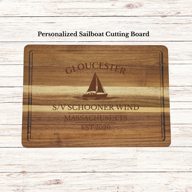 Gloucester Massachusetts sailboat cutting board engraved on solid acacia wood personalized nautical kitchen gift