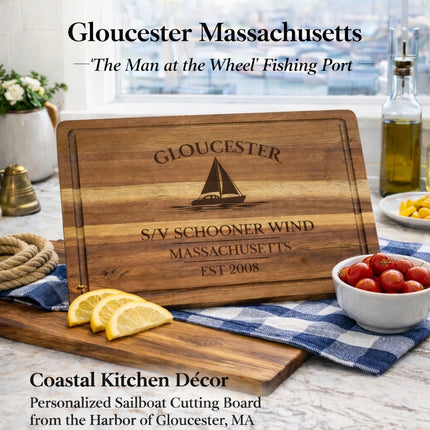 Gloucester Massachusetts sailboat cutting board styled in coastal kitchen inspired by Cape Ann harbor sailing life
