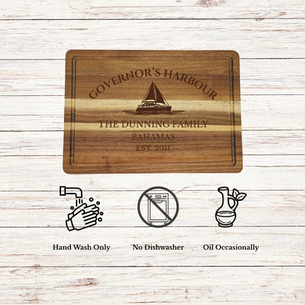 Governor’s Harbour Bahamas cutting board care instructions showing how to clean oil and maintain acacia wood for long lasting use