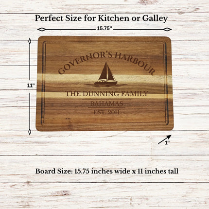 Governor’s Harbour Bahamas sailboat cutting board dimensions and features including size thickness juice groove and edge detail
