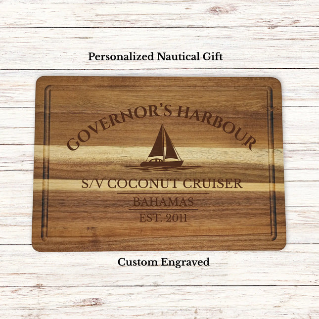 Governor’s Harbour Bahamas sailboat cutting board personalized with Blue Horizon boat name nautical gift