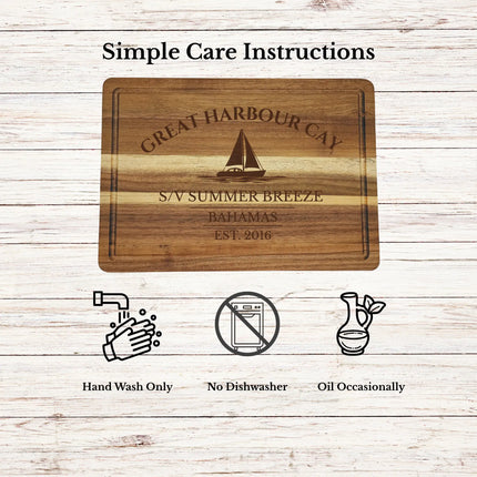 Great Harbour Cay Bahamas cutting board care instructions showing how to clean oil and maintain acacia wood for long lasting use
