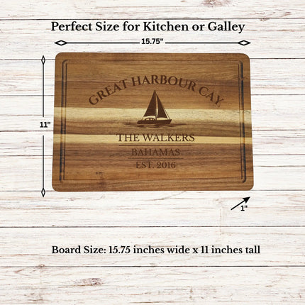 Great Harbour Cay Bahamas sailboat cutting board dimensions and features including size thickness juice groove and edge detail