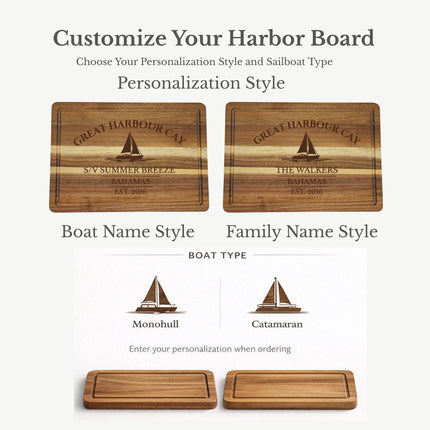 Great Harbour Cay Bahamas cutting board personalization options showing custom boat name family name established year and sailboat engraving styles