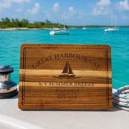 Great Harbour Cay Bahamas cutting board juice groove and craftsmanship showing solid acacia wood quality and durability