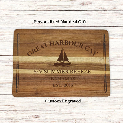 Great Harbour Cay Bahamas sailboat cutting board personalized with Second Tide boat name nautical gift