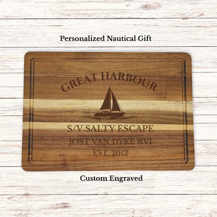 Great Harbour Jost Van Dyke British Virgin Islands sailboat cutting board personalized with Salty Escape boat name nautical gift