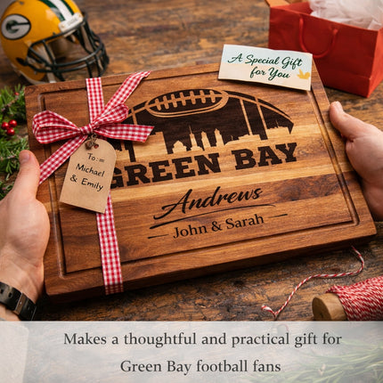 Personalized Green Bay football cutting board shown as a gift idea for football fans, featuring dark laser engraved skyline and family name on solid acacia wood
