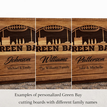 Preview of personalized Green Bay football cutting boards showing different family names and custom laser engraving on solid acacia wood
