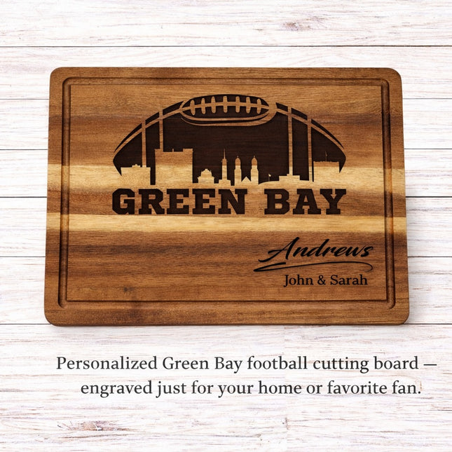 Personalized Green Bay football cutting board engraved with city skyline and custom family name on solid acacia wood
