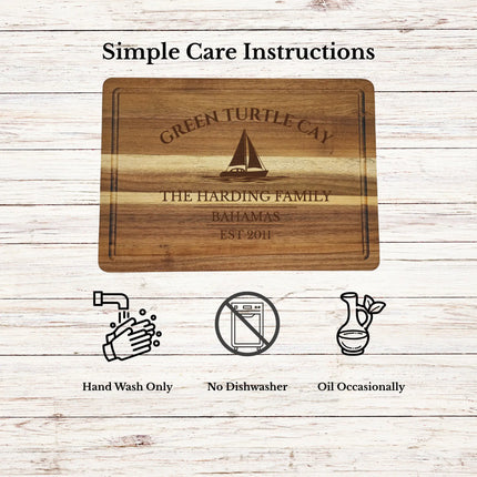 Green Turtle Cay Bahamas cutting board care instructions showing how to clean oil and maintain acacia wood for long lasting use