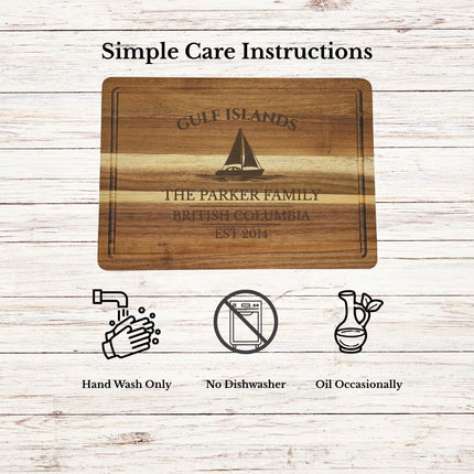 Gulf Islands British Columbia cutting board care instructions showing how to clean oil and maintain acacia wood