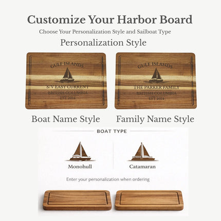 Gulf Islands British Columbia cutting board personalization options showing custom boat name family name established year and sailboat engraving choices