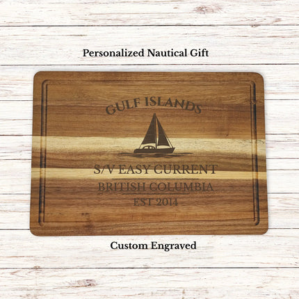 Gulf Islands British Columbia sailboat cutting board personalized with Easy Current boat name nautical gift
