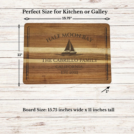 Half Moon Bay California sailboat cutting board dimensions and features including size thickness juice groove and reversible acacia wood design