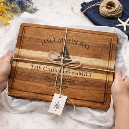 Half Moon Bay California personalized cutting board gift wrapped in nautical theme with rope and coastal decor