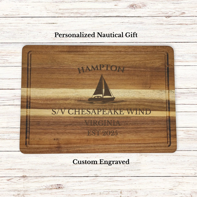 Personalized Hampton Virginia sailboat cutting board engraved with boat name chesapeake wind and established year on acacia wood