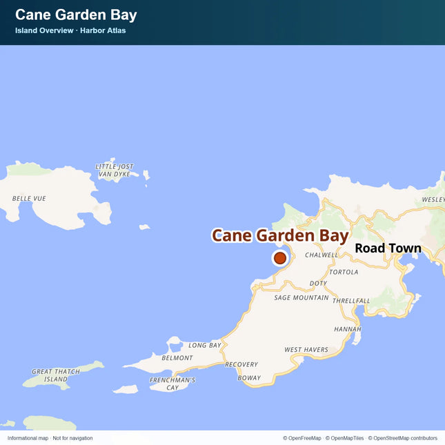 Map of Tortola and nearby islands with Cane Garden Bay marked on the island’s north coast.