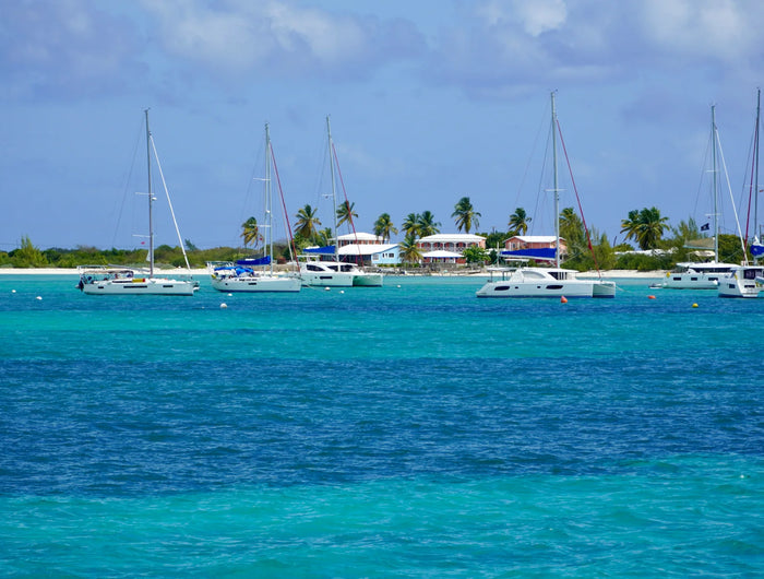 Several sailing catamarans moored in turquoise water off Anegada, with a low shoreline behind them.