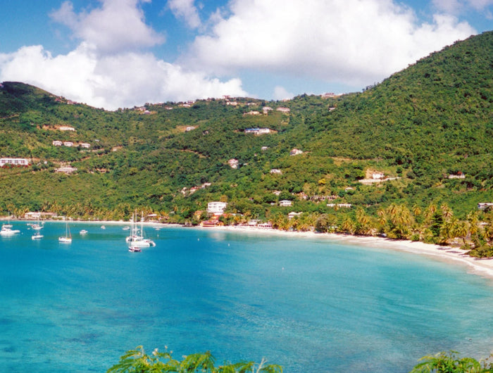 Elevated view of sailboats and catamarans in the turquoise water of Cane Garden Bay, with a curving beach and green hills behind them.