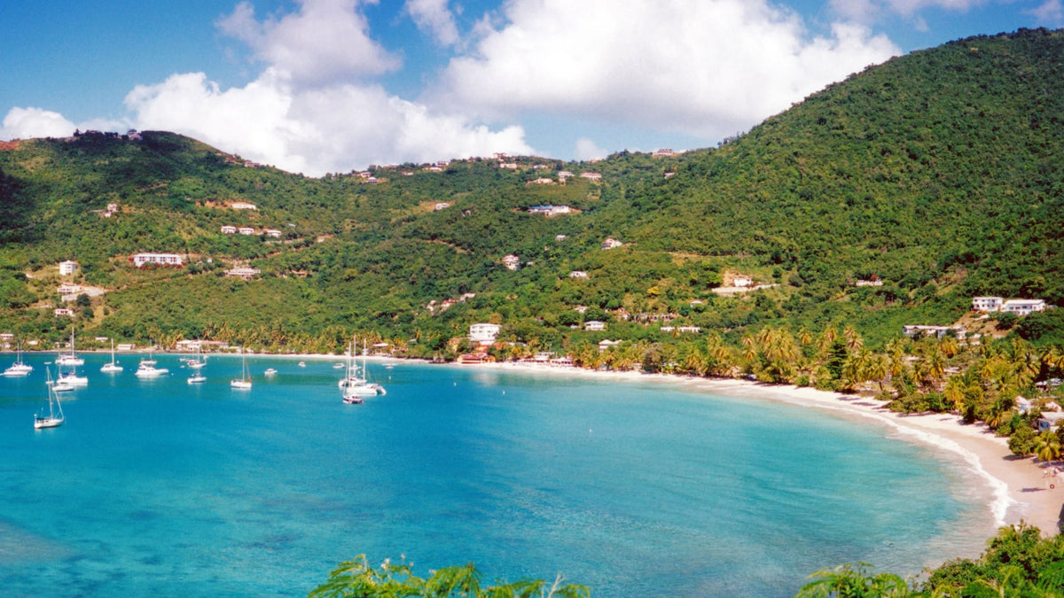 Elevated view of sailboats and catamarans in the turquoise water of Cane Garden Bay, with a curving beach and green hills behind them.