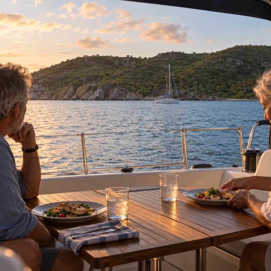Two adults sit at a cockpit table with plates of food, overlooking a sailboat and rocky green shoreline in warm evening light.