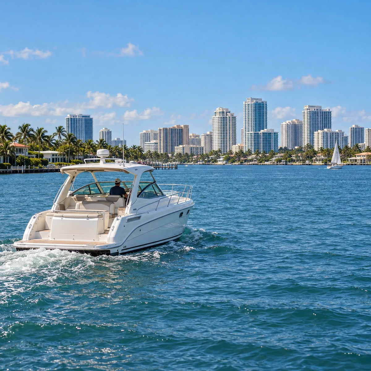 A white cabin cruiser moves toward a palm-lined waterfront and high-rise buildings, with a sailboat farther across the water.